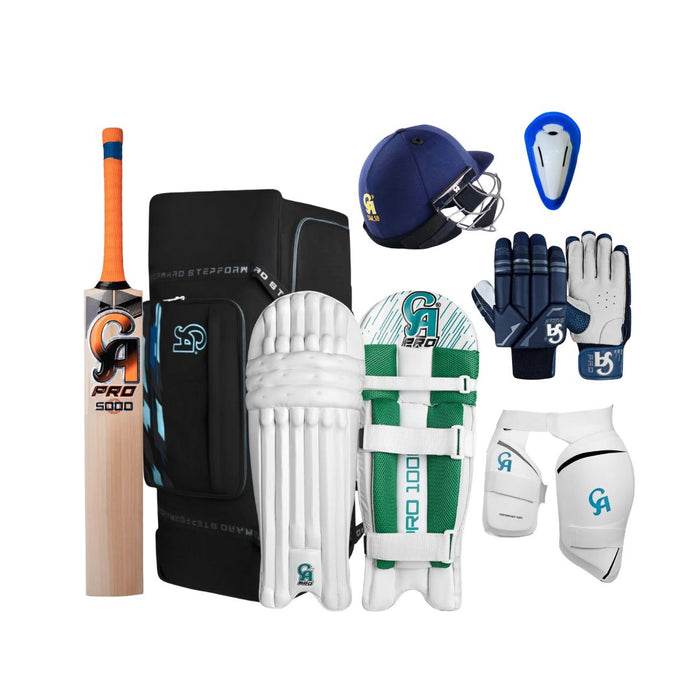 CA Budget English Willow Cricket Adult Kit 7 pc Set with Accessories, Bat, Kit Bag, Guard, Gloves