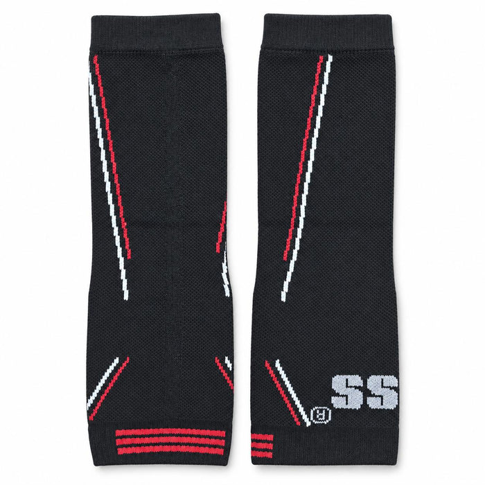 Pair of SS Maximus black elbow sleeves with red and white stripes, edited from the supplied stock photograph