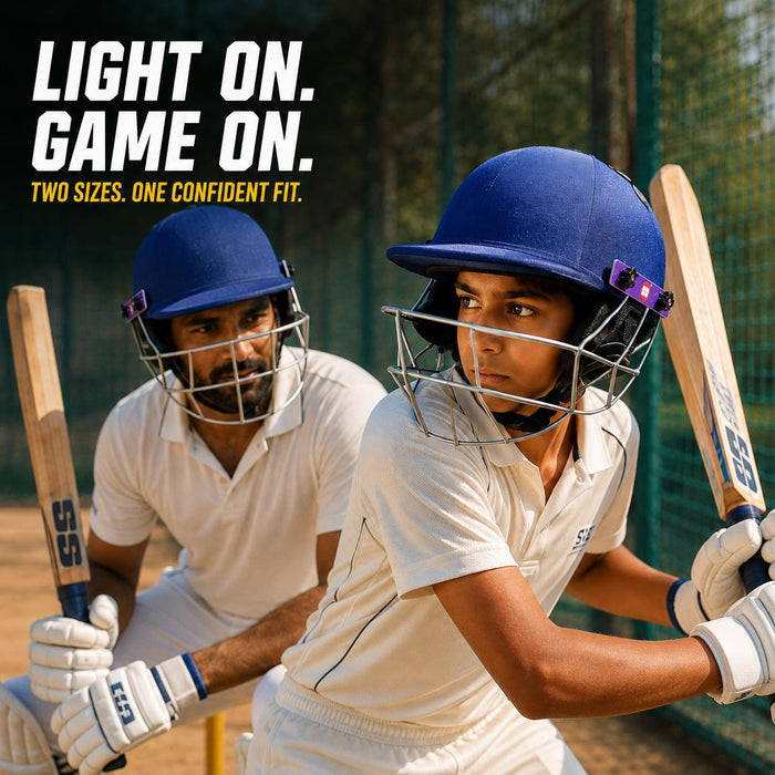 Adult and junior cricketers wearing SS Prince navy blue cricket helmets during practice
