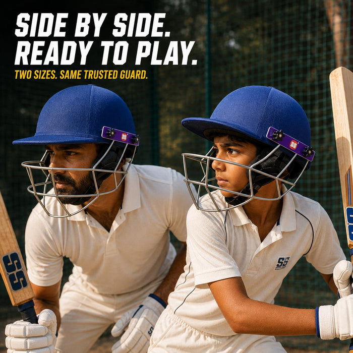 Side profile of adult and junior cricketers wearing SS Prince navy blue cricket helmets