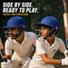 Side profile of adult and junior cricketers wearing SS Prince navy blue cricket helmets