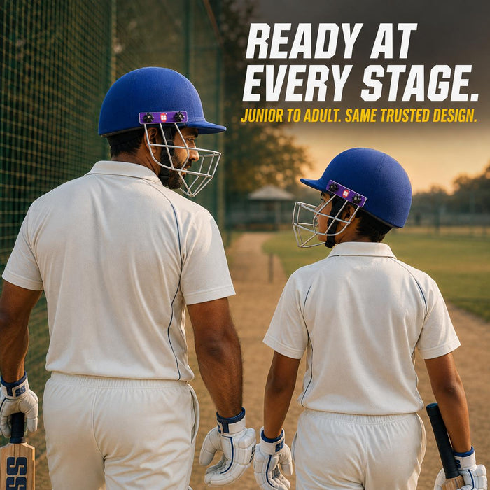 Rear view of adult and junior cricketers wearing SS Prince navy blue cricket helmets
