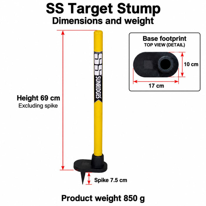 SS target stump - height 69 cm from top to base underside excluding spike, base 17 x 10 cm, spike 7.5 cm, product weight 850 g