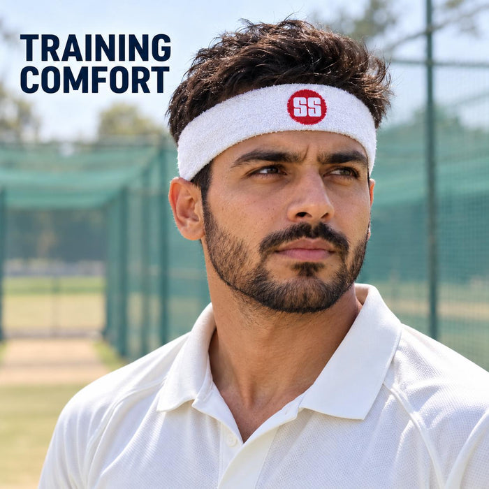 Adult cricketer wearing the white SS sports headband at cricket practice