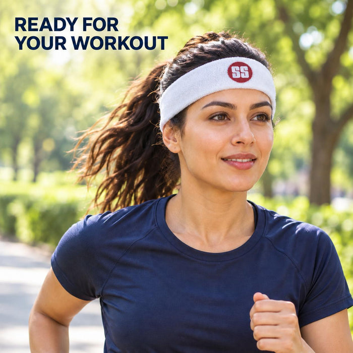 Woman wearing the white SS sports headband during an outdoor run