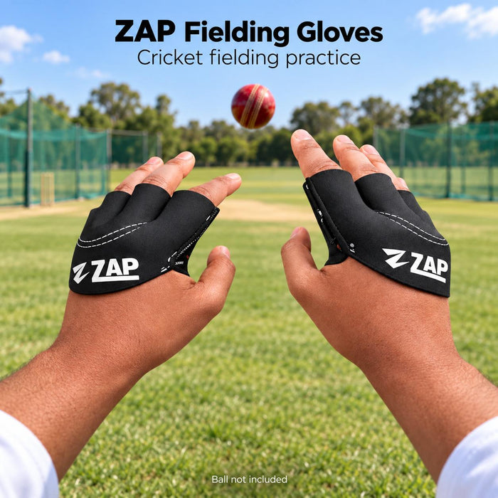 Cricketer wearing ZAP black fielding gloves while fielding