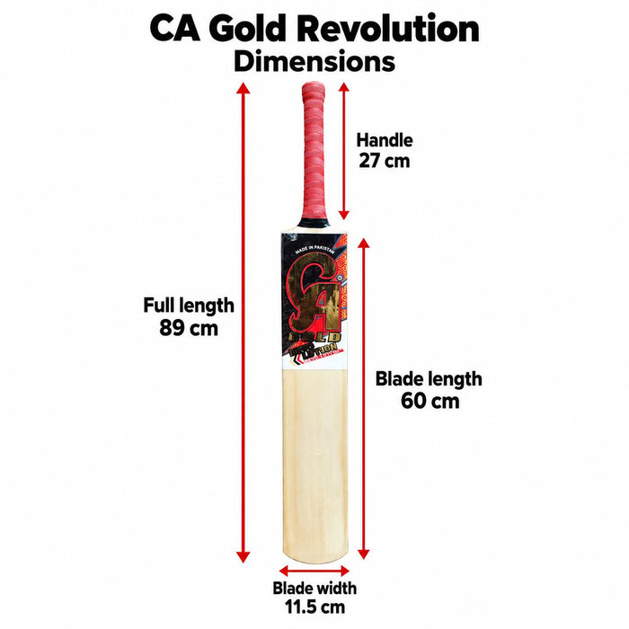 CA Gold Revolution tape ball bat - dimensions with measurement arrows