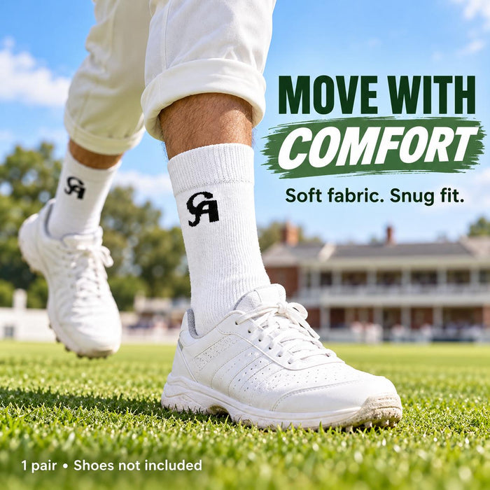 CA white and grey cricket socks worn with cricket shoes