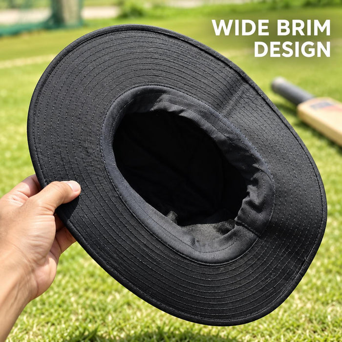 Black CA cricket Panama hat underside showing the stitched wide brim