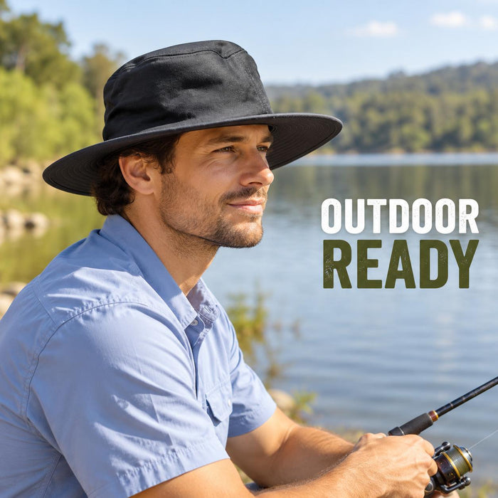 Black CA wide brim Panama hat worn during outdoor fishing