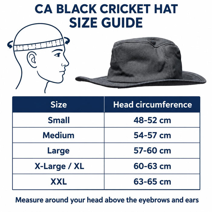 CA black cricket hat head circumference guide: Small 48-52, Medium 54-57, Large 57-60, XL 60-63 and XXL 63-65 cm
