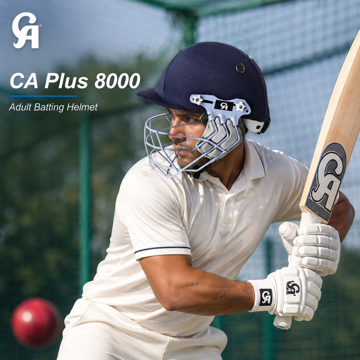CA Plus 8000 navy blue adult cricket helmet worn during batting practice