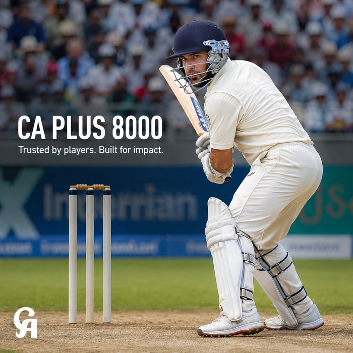 CA Plus 8000 navy blue adult cricket helmet in competitive match batting action
