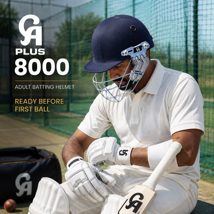 CA Plus 8000 navy blue adult cricket helmet used in outdoor cricket nets