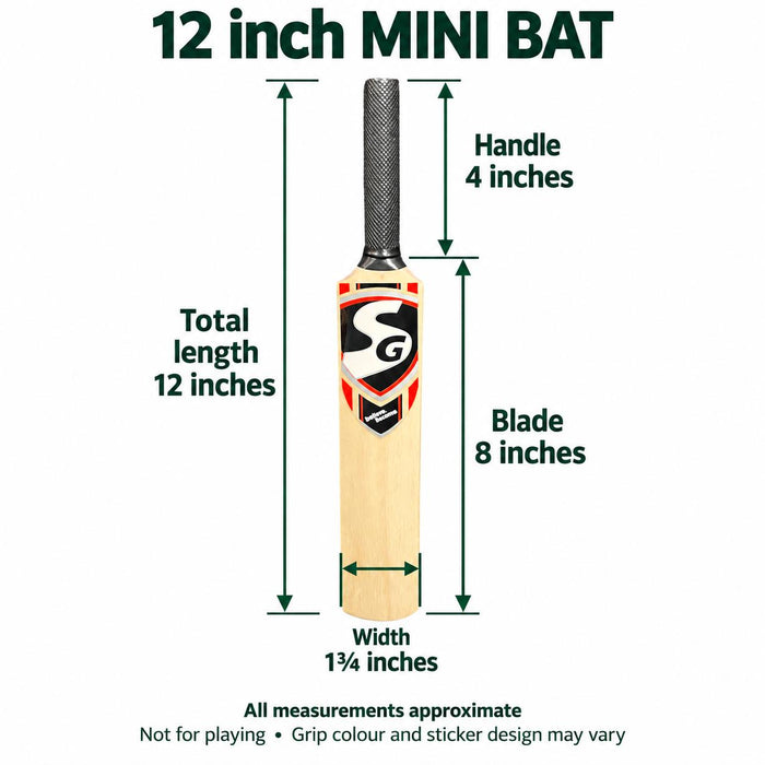 SG 12 inch mini autograph bat dimensions with length handle blade and 1.75 inch width arrows