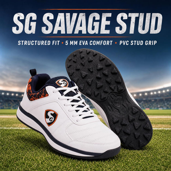SG Savage Stud White/Navy/Orange Cricket Shoes