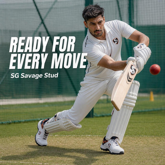 SG Savage Stud White/Navy/Orange Cricket Shoes