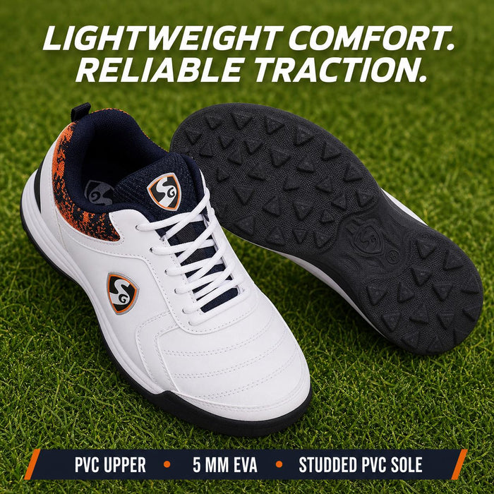 SG Savage Stud White/Navy/Orange Cricket Shoes