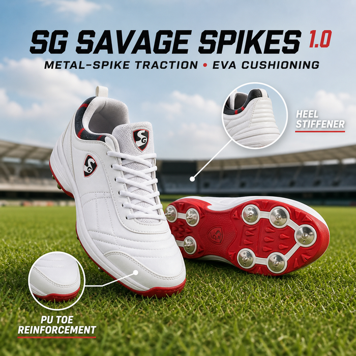 SG Savage Spikes 1.0 White/Red/Grey Cricket Spike Shoes