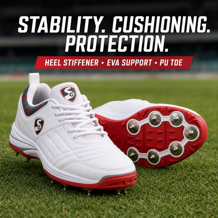 SG Savage Spikes 1.0 White/Red/Grey Cricket Spike Shoes