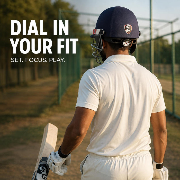 Rear view of adult cricketer wearing SG Aerotuff navy blue cricket helmet