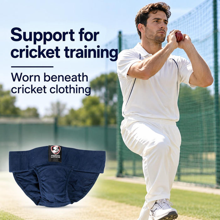 SG Premium Navy Supporter cricket lifestyle image