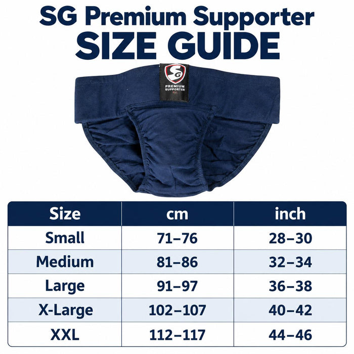 SG Premium Navy Supporter size guide Small Medium Large X-Large XXL