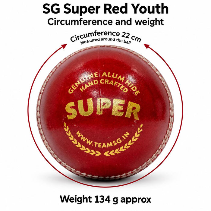 SG Super Red Youth cricket ball - circumference 22 cm and product weight 134 g approx