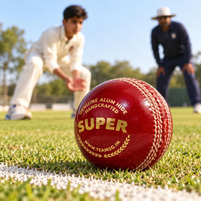 SG Super Red Youth leather ball - cricket ground lifestyle view