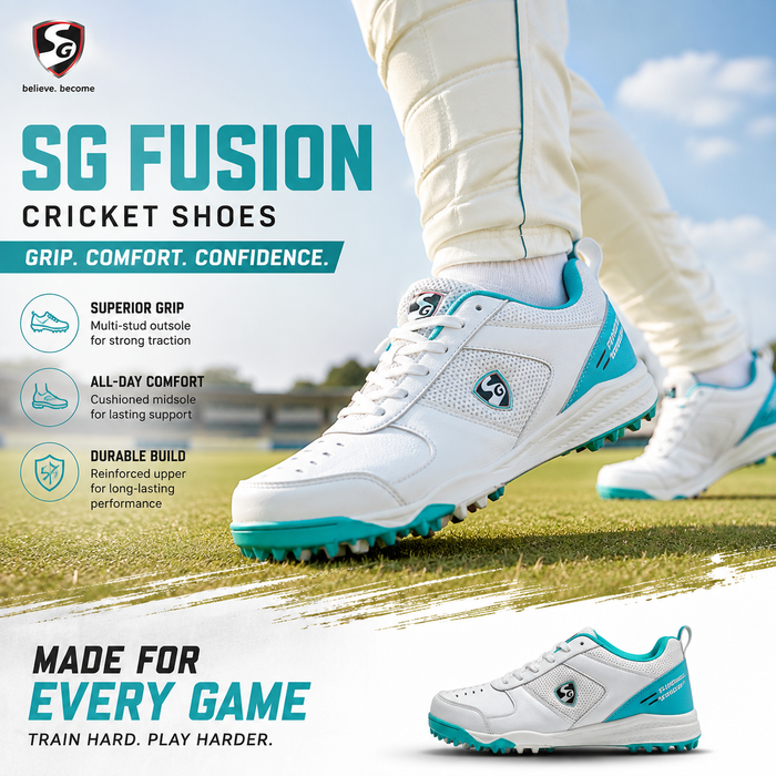 SG Fusion White/Teal Cricket Shoes