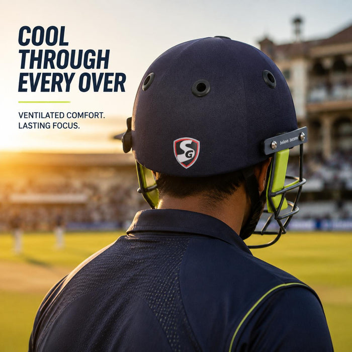 Rear view of adult cricketer wearing SG Aeroselect navy blue cricket helmet