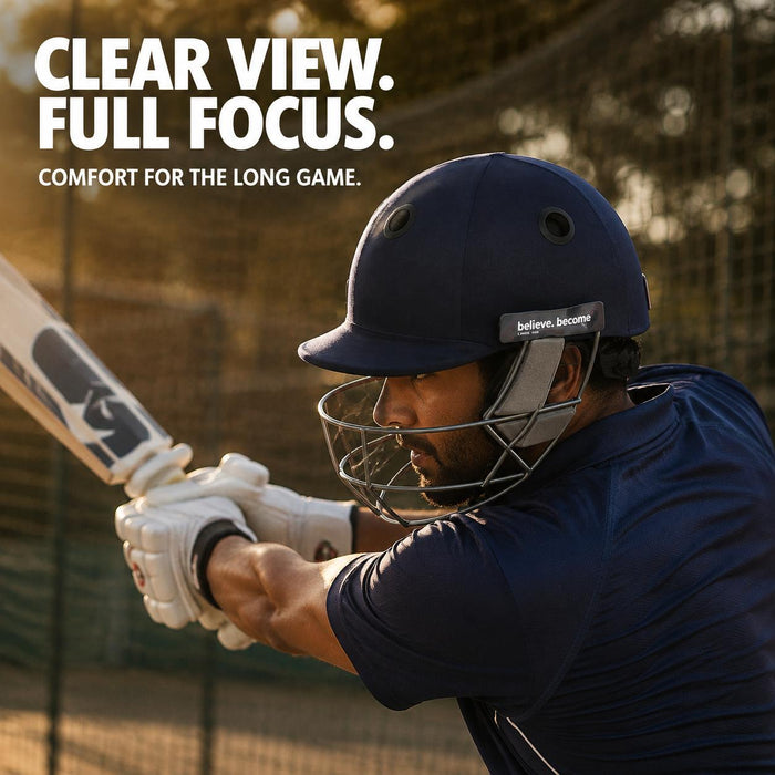 Side profile of adult cricketer wearing SG Pro Shield navy blue cricket helmet