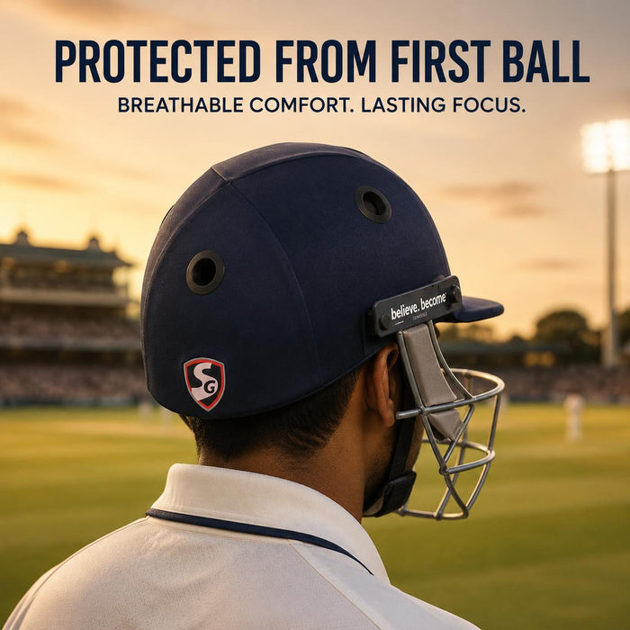 Rear view of adult cricketer wearing SG Pro Shield navy blue cricket helmet
