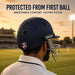 Rear view of adult cricketer wearing SG Pro Shield navy blue cricket helmet