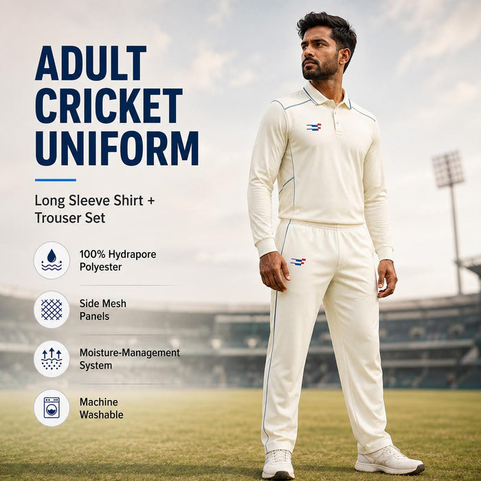 Cricket White Shirt and Trouser Set Long Sleeves for Adults - Cricket Uniform