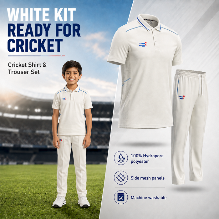 Cricket White Shirt and Trouser Set Short Sleeves for Juniors - Cricket Uniform