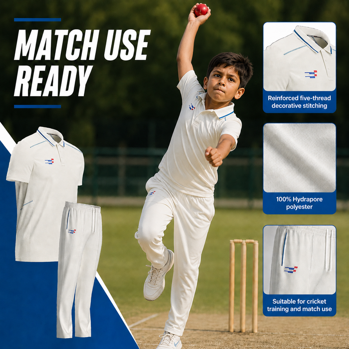 Cricket White Shirt and Trouser Set Short Sleeves for Juniors - Cricket Uniform