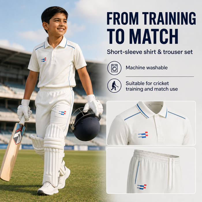 Cricket White Shirt and Trouser Set Short Sleeves for Juniors - Cricket Uniform