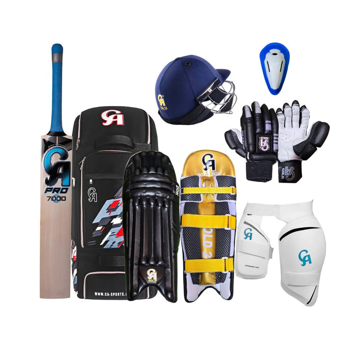 CA Premium English Willow Cricket Adult Kit 7 pc Set with Accessories, Bat, Kit Bag, Guard, Gloves