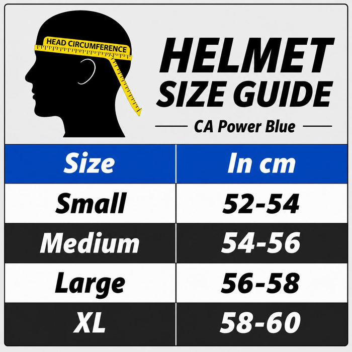 CA Power blue cricket helmet size guide in centimetres