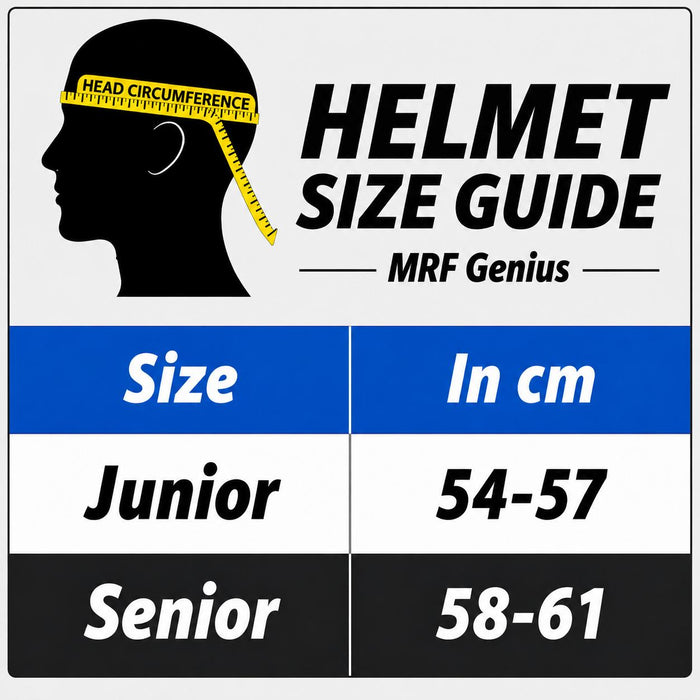 MRF Genius cricket helmet Junior and Senior size guide in centimetres