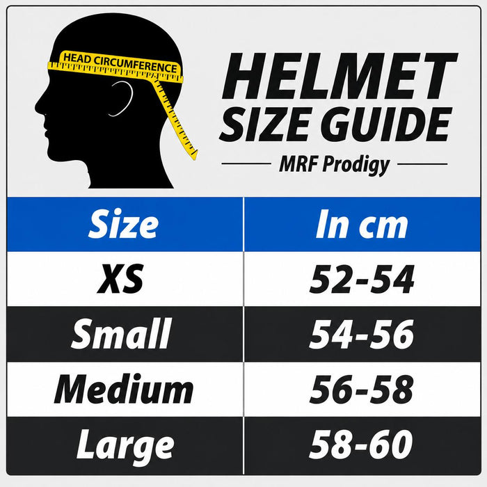 MRF Prodigy helmet size guide: XS 52-54 cm, Small 54-56 cm, Medium 56-58 cm, Large 58-60 cm