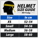 MRF Prodigy helmet size guide: XS 52-54 cm, Small 54-56 cm, Medium 56-58 cm, Large 58-60 cm