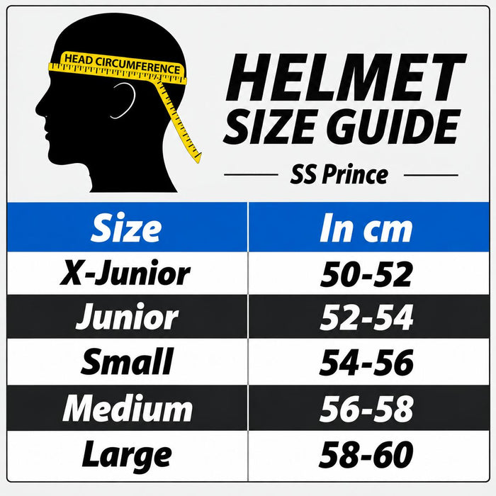 SS Prince helmet size guide: X-Junior 50-52 cm, Junior 52-54 cm, Small 54-56 cm, Medium 56-58 cm, Large 58-60 cm