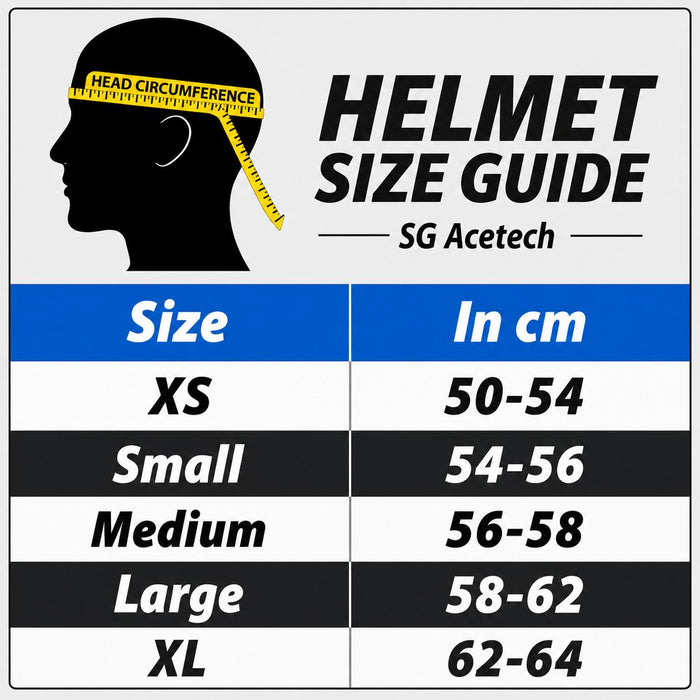 SG Acetech helmet size guide: XS 50-54 cm, Small 54-56 cm, Medium 56-58 cm, Large 58-62 cm, XL 62-64 cm