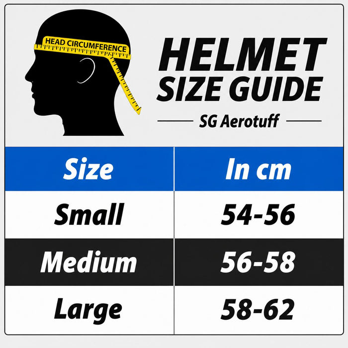 SG Aerotuff cricket helmet size guide: Small 54-56 cm, Medium 56-58 cm, Large 58-62 cm