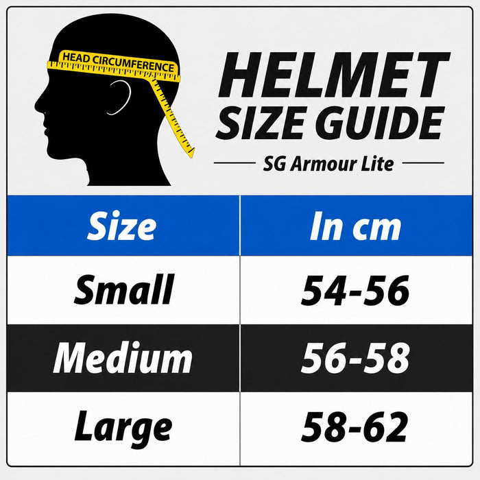 SG Armour Lite helmet size guide: Small 54-56 cm, Medium 56-58 cm, Large 58-62 cm