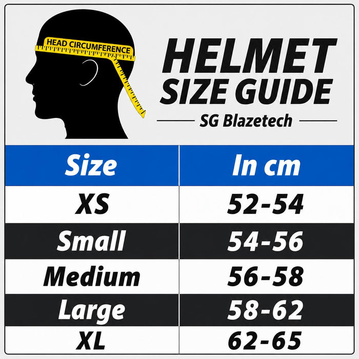 SG Blazetech helmet size guide: XS 52-54 cm, Small 54-56 cm, Medium 56-58 cm, Large 58-62 cm, XL 62-65 cm