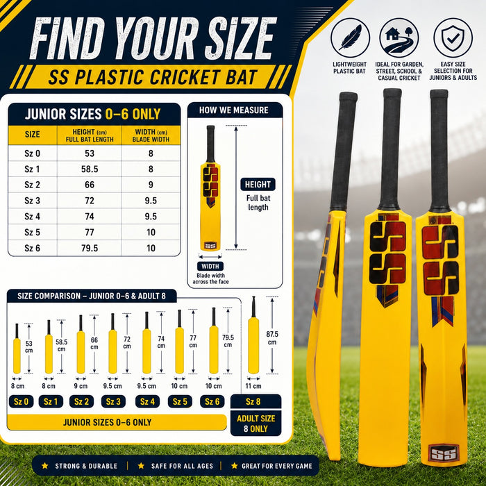 SS Plastic Cricket Bat Adult and Junior Size 0 - 6, 8