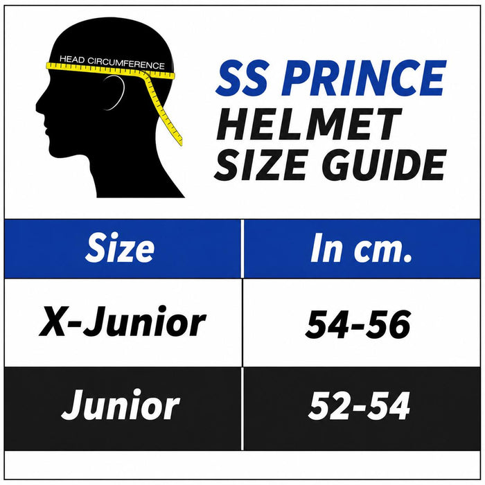 SS Prince Junior and X-Junior cricket helmet size guide in centimetres